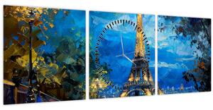 Tablou - Pictură în ulei a Turnului Eiffel (cu ceas) (90x30 cm)