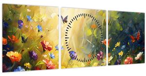 Tablou - Pajiște cu flori de primăvară, pictură (cu ceas) (90x30 cm)