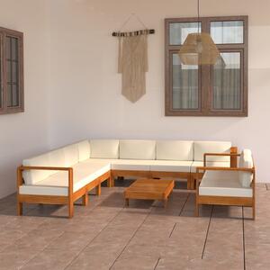 Set mobilier grădină perne alb crem, 9 piese, lemn masiv acacia