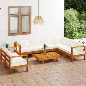 Set mobilier grădină perne alb/crem, 8 piese, lemn masiv acacia