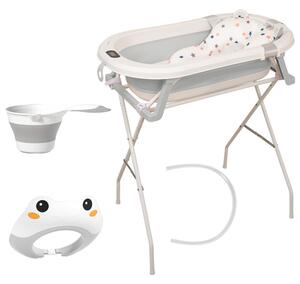 Set pentru baita bebelusului 4 in 1 Kidizi Folda Plus include cadita pliabila cu termometru, dop si furtun, hamac ajustabil, stand pliabil, cana clatire pliabila, viziera ajustabila culoare gri