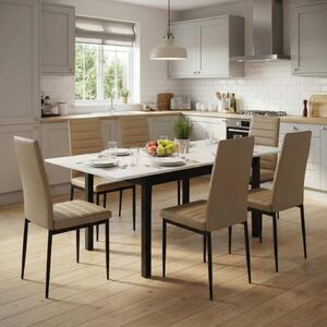 Set Masă Extensibilă Mara Albă 130–170 × 75 cm cu 6 Scaune Oscar Maro Deschis, Piele Sintetica, Picioare Metalice Negre