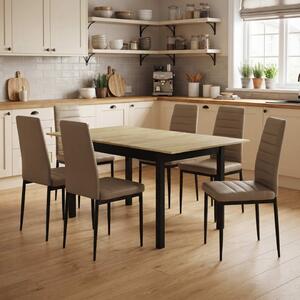 Set Masă Extensibilă Mara Stejar 130–170 × 75 cm cu 6 Scaune Oscar Maro Deschis, Piele Sintetica, Picioare Metalice Negre