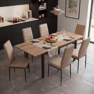 Set Masă Extensibilă Mara Nuc 130–170 × 75 cm cu 6 Scaune Oscar Maro Deschis, Piele Sintetica, Picioare Metalice Negre