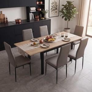 Set Masă Extensibilă Mara Nuc 130–170 × 75 cm cu 6 Scaune Oscar Gri, Piele Sintetica, Picioare Metalice Negre