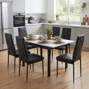 Set Masă Extensibilă Mara Albă 130–170 × 75 cm cu 6 Scaune Oscar Negru, Piele Sintetica, Picioare Metalice Negre