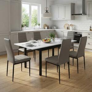 Set Masă Extensibilă Mara Albă 130–170 × 75 cm cu 6 Scaune Oscar Gri, Piele Sintetica, Picioare Metalice Negre
