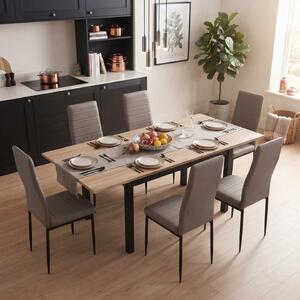 Set Masă Extensibilă Mara Stejar 130–170 × 75 cm cu 6 Scaune Oscar Gri, Piele Sintetica, Picioare Metalice Negre
