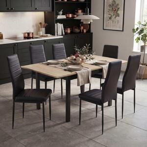 Set Masă Extensibilă Mara Stejar 130–170 × 75 cm cu 6 Scaune Oscar Negru, Piele Sintetica, Picioare Metalice Negre
