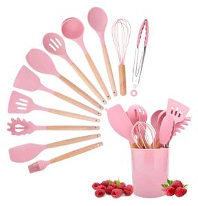 Set 12 Ustensile Bucatarie Koken, Lemn/Silicon, Suport Plastic, Antiaderente, Termorezistente,Roz + Suport Lingura - Roz