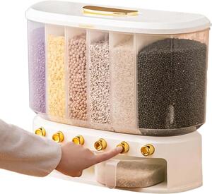 Dispenser dozator de stocare cereale, crupe, seminte,Koken, 6 compartimente, Inaltime 36 cm, Alb
