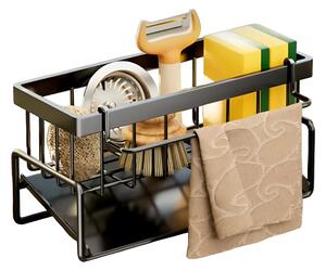 Organizator chiuveta Koken, Suport multifunctional din otel inoxidabil, tava de scurgere, pentru bureti, lavete, detergenti, 23 x 10 x 9 cm, Negru