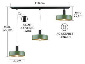Lustră pe cablu HAKI 3xE27/60W/230V verde/negru