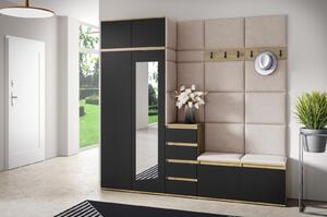 Mobilier hol cuier modern cu panouri tapitate bej deschis pal negru- stejar artisan, 220 cm lungime x 225 cm inaltime x 40 cm adancime, cu dulap 2 usi cu oglinda ,suprainaltat, pantofar si comoda