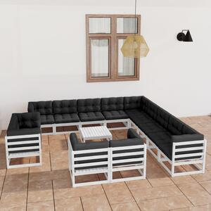 Set mobilier de grădină cu perne, 14 piese, alb, lemn masiv pin