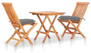 Set mobilier de bistro cu perne gri, 3 piese, lemn masiv de tec
