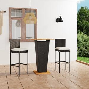 Set mobilier bar de grădină cu perne, 3 piese, negru, poliratan