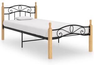 Cadru de pat, negru, 90x200 cm, metal și lemn masiv de stejar