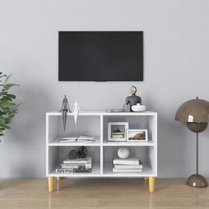 Comodă TV, picioare lemn masiv, alb extralucios, 69,5x30x50 cm