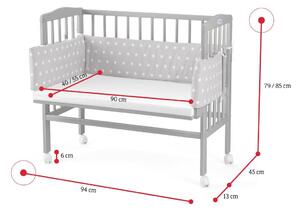Pătuț pentru copii 2 în 1 cu saltea și mantinelă de protecție MANULIA 3, 45/58x85/79x94, gri/steluțe albastre