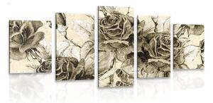 Tablou 5-piese buchetul de trandafiri vintage în design sepia
