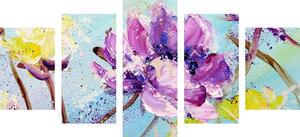 Tablou 5-piese flori violete și galbene pictate