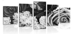 Tablou 5-piese buchetul de trandafiri în stilul retro în design alb-negru