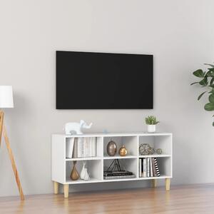 Comodă TV, picioare lemn masiv, alb extralucios, 103,5x30x50 cm
