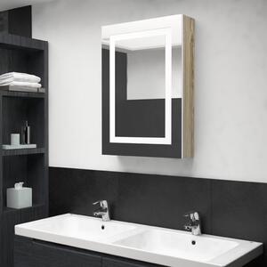 Dulap de baie cu oglindă și LED, alb și stejar, 50x13x70 cm