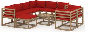 Set mobilier de grădină, 10 piese, cu perne, roșu