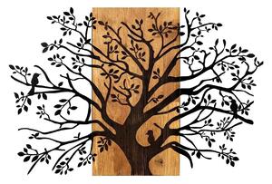 Decoratiune perete KAVAK, negru/stejar, metal/lemn, 85x58 cm