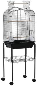 PawHut Colivie pentru Pasari cu 3 Stinghii, 2 Boluri si 2 Usi Laterale, Colivie pentru Animale din Otel, PP si Lemn, 46x36x130 cm, Neagra
