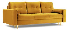 Canapea extensibila 3 locuri Leona cu tapiterie din catifea si picioare din metal auriu, galben