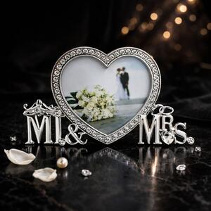 Ramă Foto Nuntă „Mr & Mrs” în Formă de Inimă cu Strasuri, 10x10 cm, AZAY – Cadou pentru Miri, Cuplu, Aniversare, Valentine’s Day, Decor Romantic Argintiu