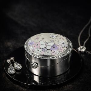 Cutie Bijuterii Rotundă 8 cm cu Fluture și Flori Colorate AZAY – Casetă Bijuterii Elegantă, Cutie Inel, Cadou Femei Premium cu Ambalaj