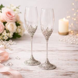Set pahare șampanie AZAY argintiu vintage cu cristale, 26.9 cm, pahare flute elegante, cadou premium cu cutie și tissue paper