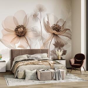 Tapet Flori mari, translucide, în nuanțe de sepia, cu petale delicate, frunze pufoase și flori mai mici, Imagini de fundal unice, w09900 : Uwalls.ro