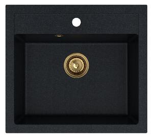 SINK Quality Chiuveta Quality Ferrum, chiuveta granit bucatarie 565x510x205 mm + sifon auriu, pete negre-Brocart, SKQ-FER.B.1K60.XG