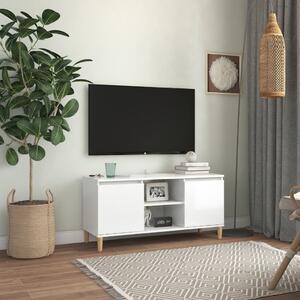 Comodă TV & picioare lemn masiv alb extralucios 103,5x35x50 cm