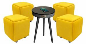 Masă inteligentă cu Bluetooth 5.0, sistem audio 20W și încărcare wireless – Neagra, design modern cu MDF și lemn de stejar si Taburet multifuncțional 5 în 1 din catifea-culoare galben