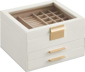 Cutie de bijuterii cu capac din sticla, 2 sertare, alb 23x20x13cm