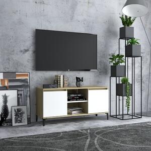 Comodă TV, picioare metalice, alb&stejar sonoma, 103,5x35x50 cm