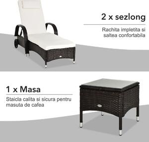 Set mobilier Gradina din Ratan Outsunny, 2 Sezlong Pliabile si Masuta, Maro 200×73×103cm | Aosom.ro