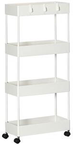 HOMCOM Cărucior Bucătărie Multifuncțional cu 4 Polițe și 3 Cârlige, Oțel și Plastic, 40x19x90 cm, Alb | Aosom Romania