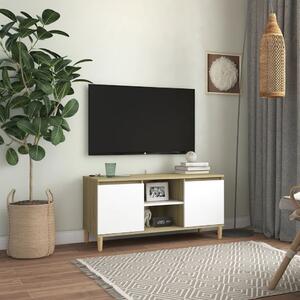 Comodă TV picioare lemn masiv, alb/stejar sonoma 103,5x35x50 cm