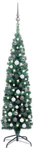 Brad Crăciun artificial subțire, LED-uri&globuri, verde, 120 cm