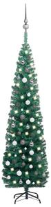 Brad Crăciun artificial subțire LED-uri&globuri, verde, 210 cm