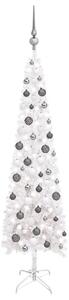 Brad de Crăciun artificial subțire LED-uri&globuri alb 150 cm
