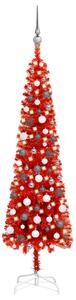 Set pom de Crăciun subțire cu LED-uri și globuri, roșu, 180 cm