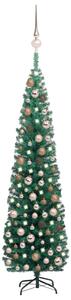 Brad Crăciun artificial subțire LED-uri&globuri, verde, 240 cm